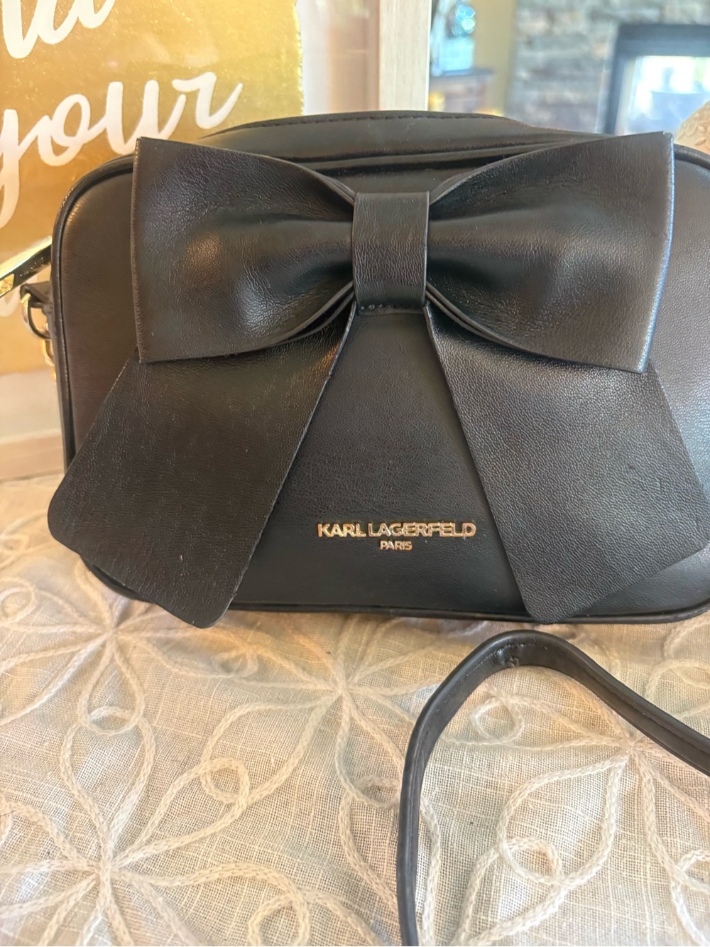 Karl Lagerfeld Paris Black Bow Crossbody Camera Bag Gold Hardware